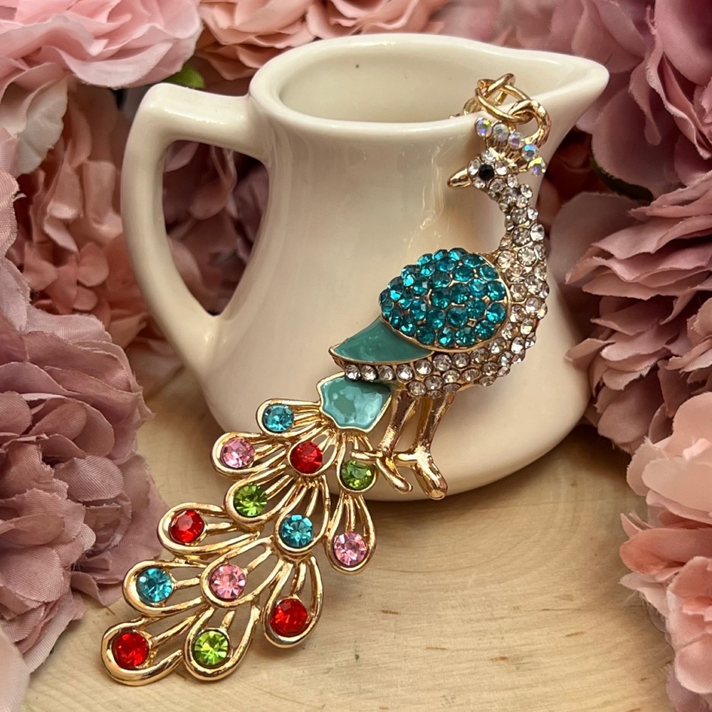 Beautiful Blue and Colorful Crystal Peacock Keychain Charm